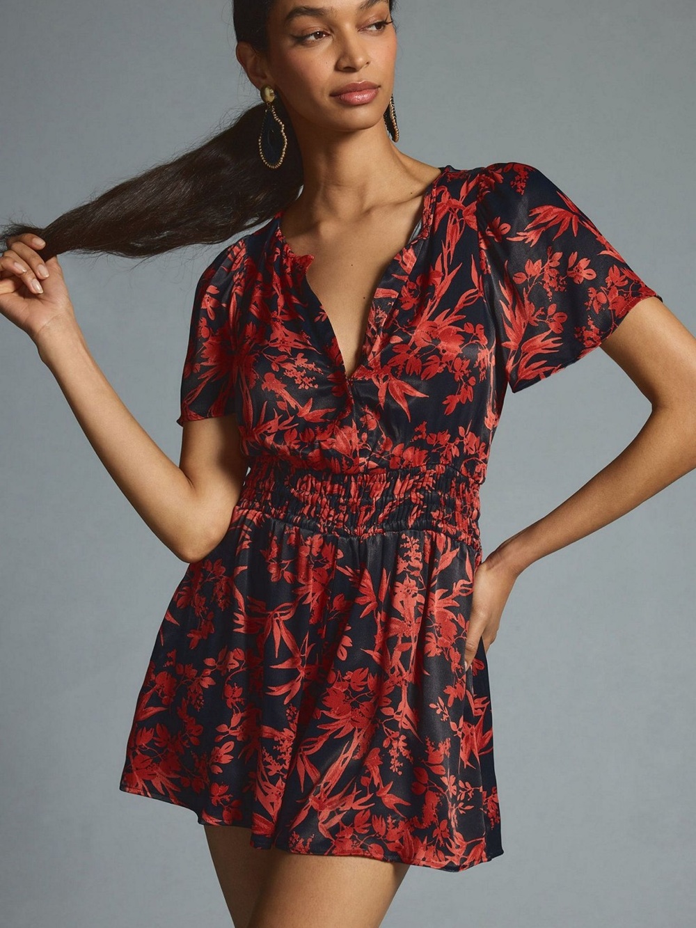 Anthropologie Red Floral V-Neck Romper M